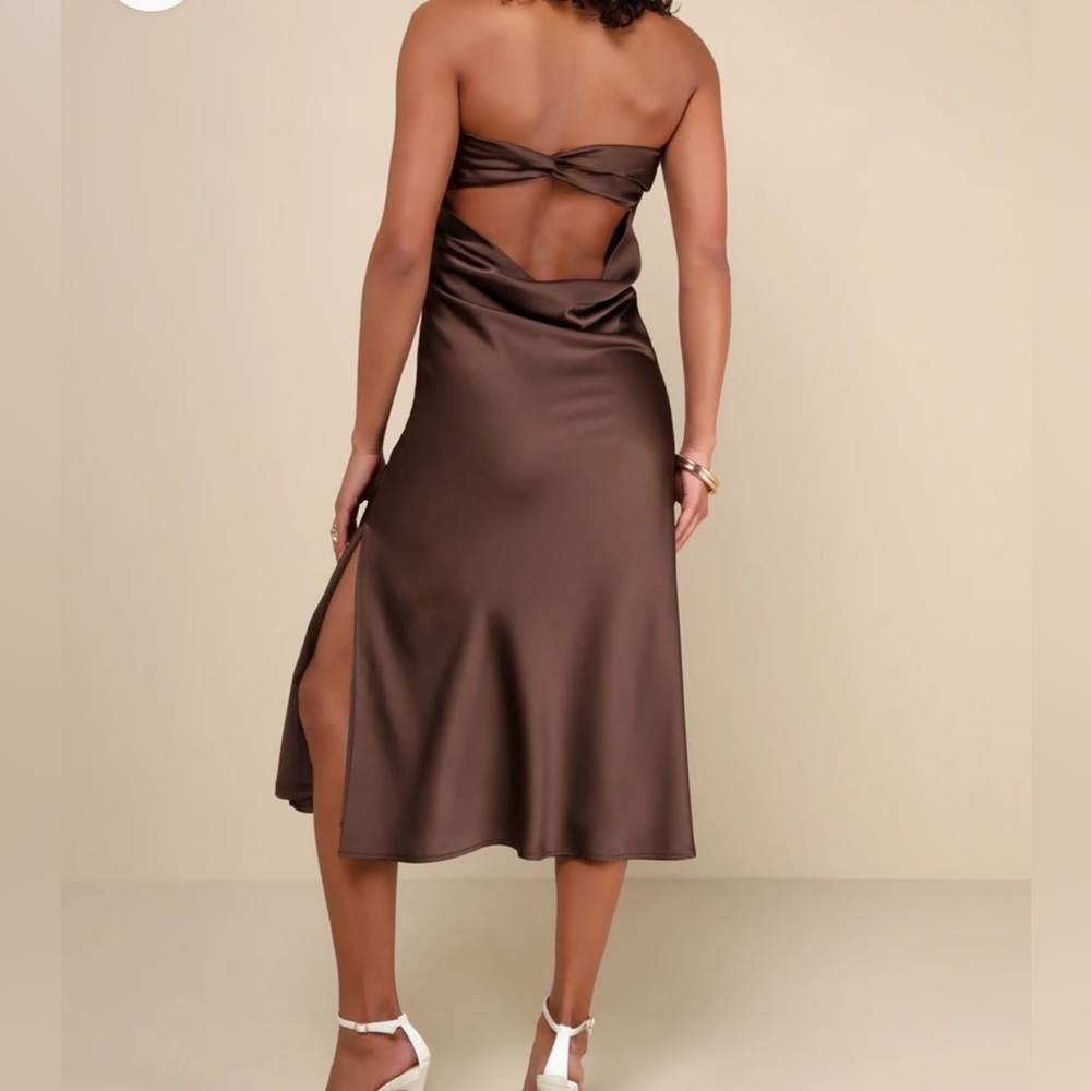 Lulus effortless bliss brown satin strapless cowl back midi dress